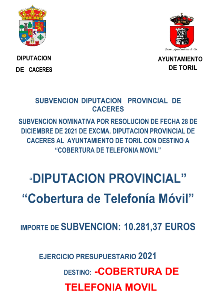 Imagen SUBVENCION DIPUTACION PROVINCIAL COBERTURA DE TELEFONIA MOVIL
